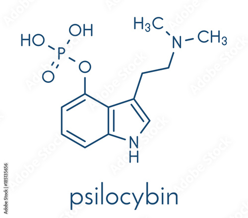 Psilocybin psychedelic mushroom molecule. Prodrug of psilocin. Skeletal formula.
