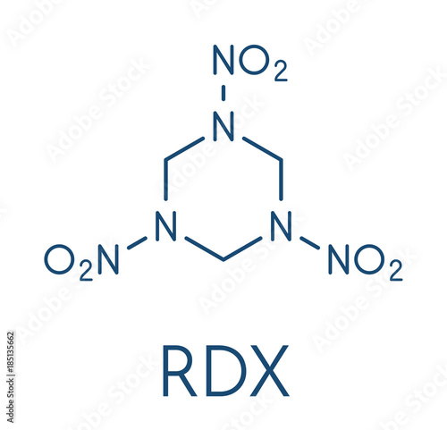 RDX (cyclotrimethylenetrinitramine) explosive molecule. Skeletal formula.