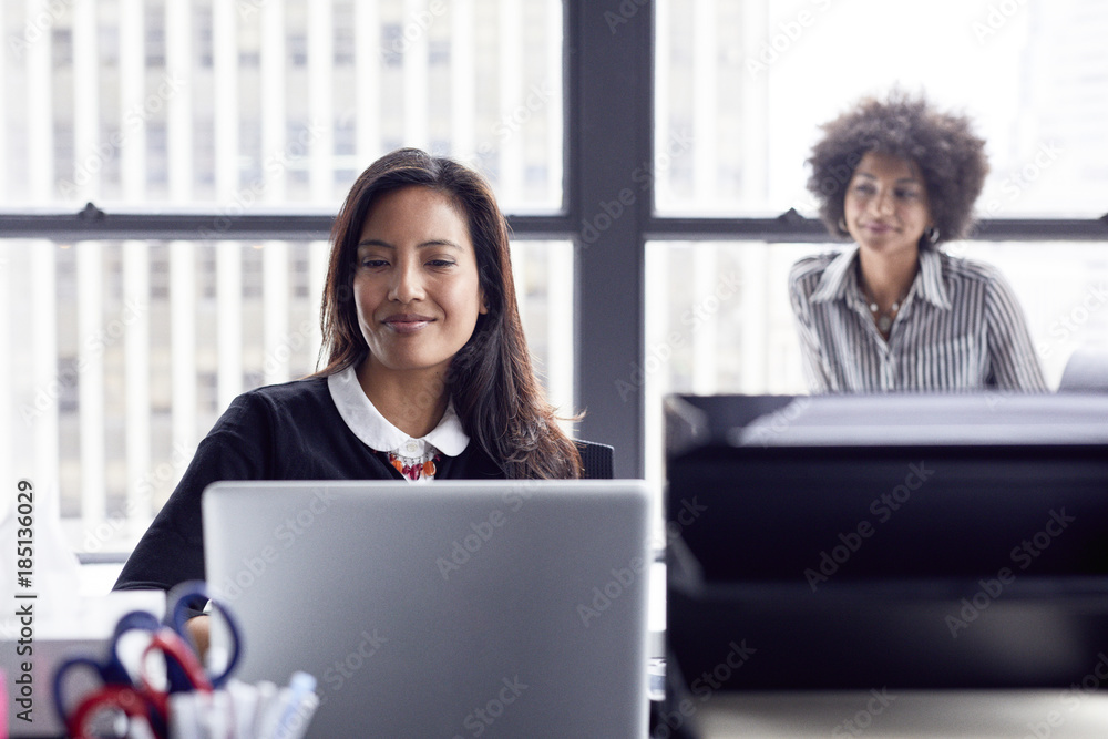 Businesswoman using laptop computer while working against window in office with female colleague in background Businesswoman using laptop computer while working against window in office with female colleague in background