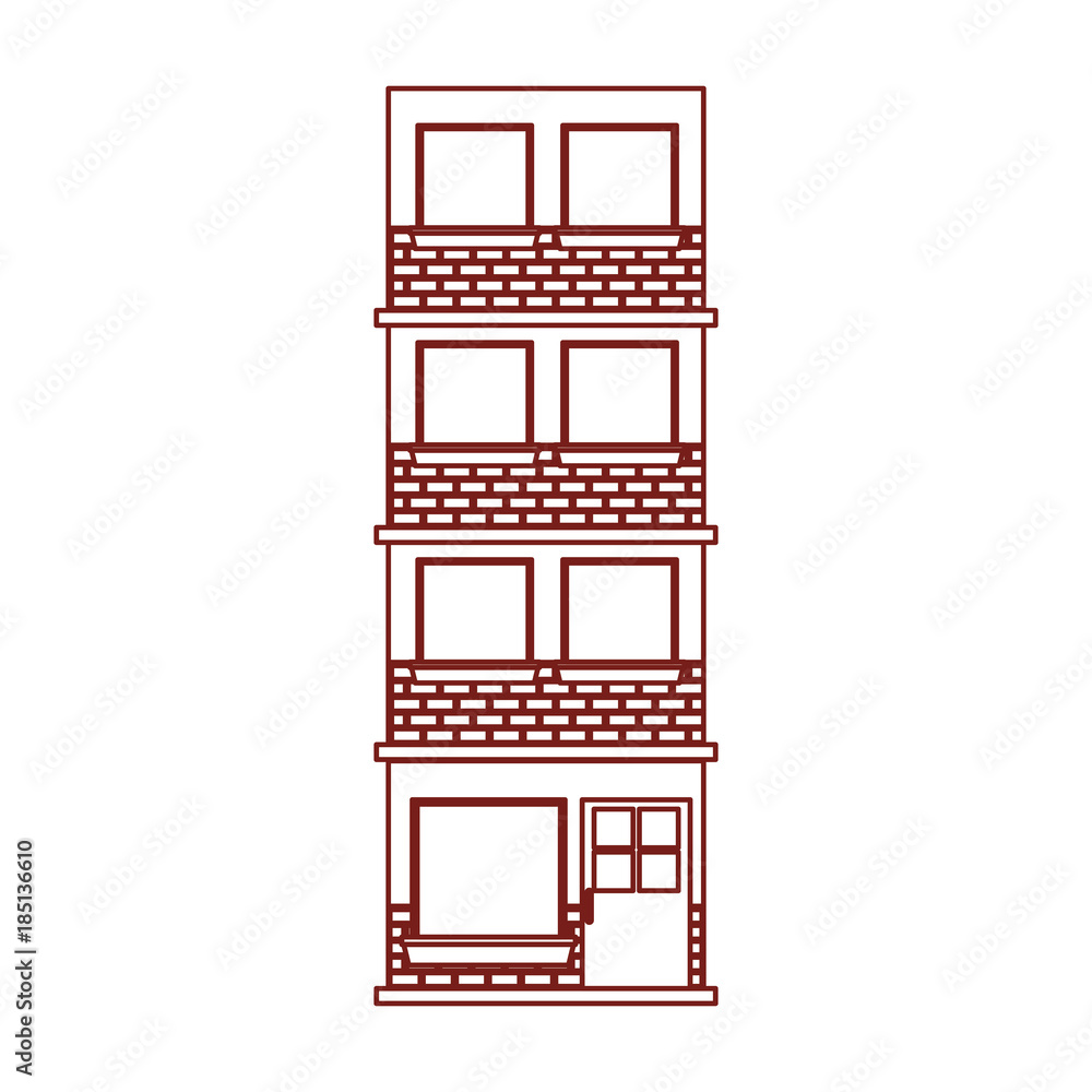 building facade of four floors in dark red contour building facade of four floors in dark red contour