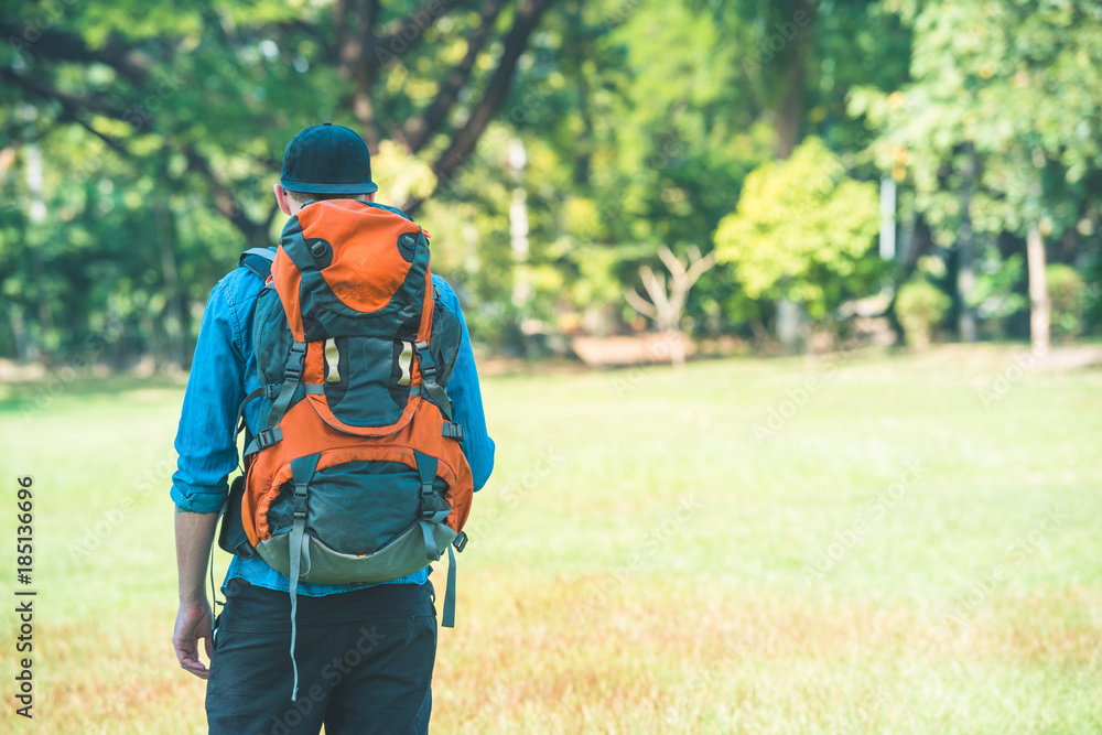 Man with a backpack standing in a park. Backpacker in nature Man with a backpack standing in a park. Backpacker in nature