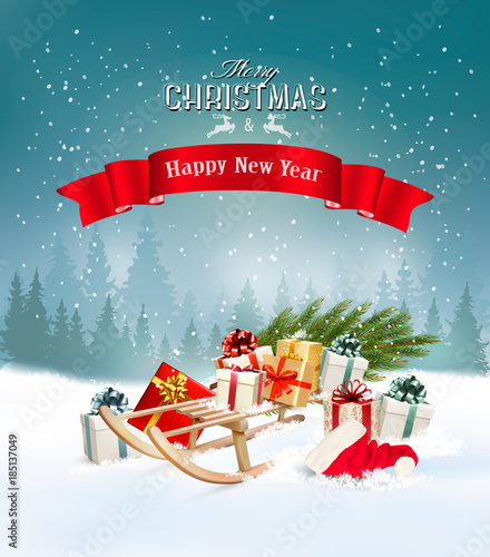 Christmas holiday background with presents on a sleigh and Santa hat. Vector illustration