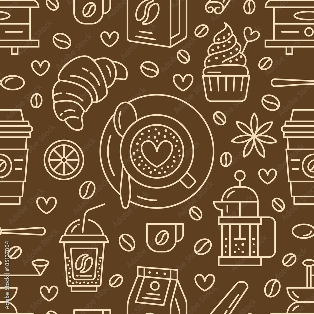 Seamless pattern of coffee, vector background. Cute beverages, hot drinks  flat line icons - french press, beans, cup, grinder. Repeated texture for cafe  menu, shop wrapping paper. Stock Vector | Adobe Stock