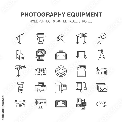 Photography equipment flat line icons. Digital camera, photos, lighting, video photo accessories, memory card, tripod lens film. Pixel perfect 64x64.