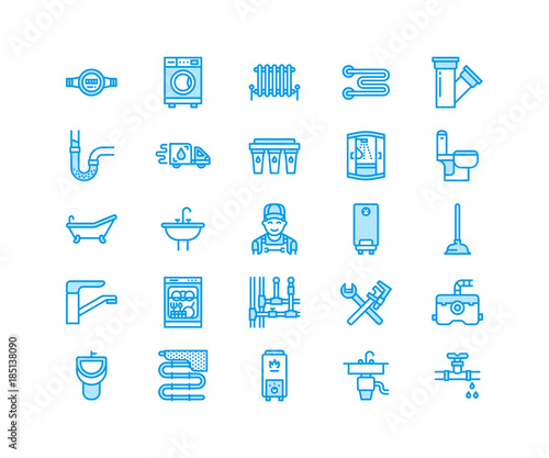 Plumbing service vector flat line icons. House bathroom equipment, faucet, toilet, pipeline, washing machine, dishwasher. Plumber repair illustration, signs for handyman services. Pixel perfect 64x64.