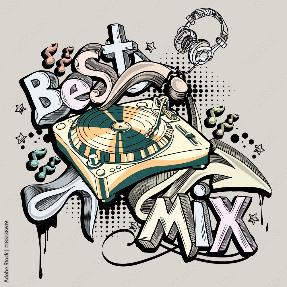 Best Mix music design with turntable and graffiti arrows Stock Vector Adobe Stock