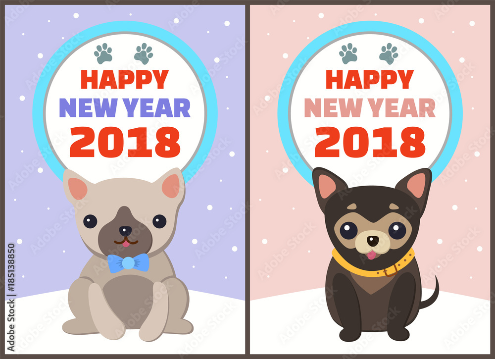 Fototapeta premium Happy New Year 2018 Dogs Set Vector Illustration