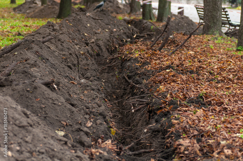 construction of the trench ditch in the Park in autumn
