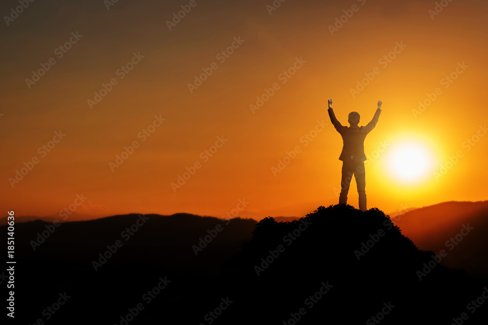 Businessman raise arms up in victory moment. Concept of victory, success or winning in business. 
