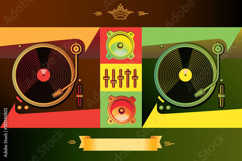 Stylized dj's turntables in reggae music colors