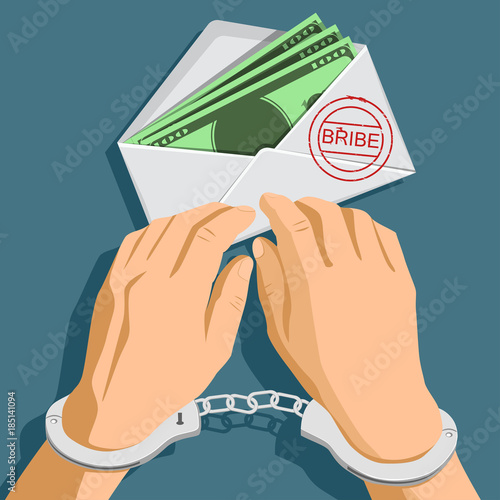 Bribery. Envelope with dollar banknotes. Man in handcuffs