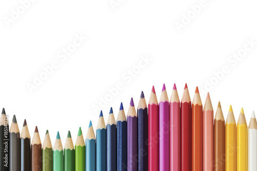Close up of colorful colored pencil set isolated on white background.
