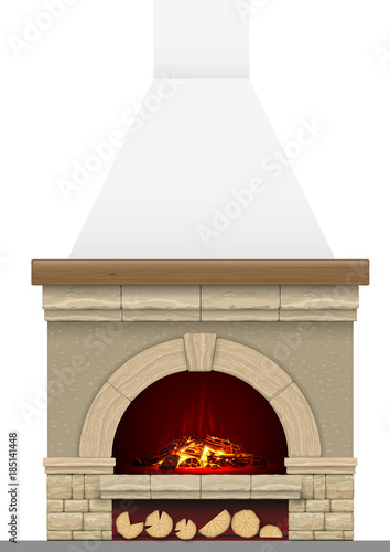 An ancient brick hearth with fire. Brick arch with fireplace or stove