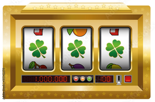 Slot machine with three lucky clover icons - symbol for good luck, success and winning the jackpot.
