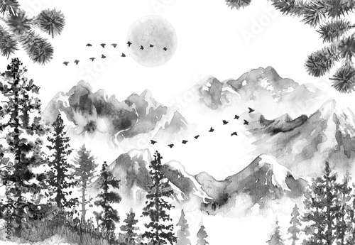Ink Landscape with Mountains and Fir Trees