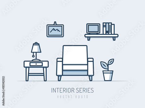 Interior and furniture series. Chair and table monoline vector illustration