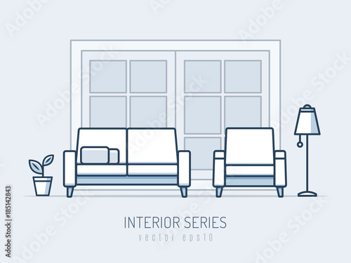 Interior and furniture series. Sofa and chair monoline vector illustration