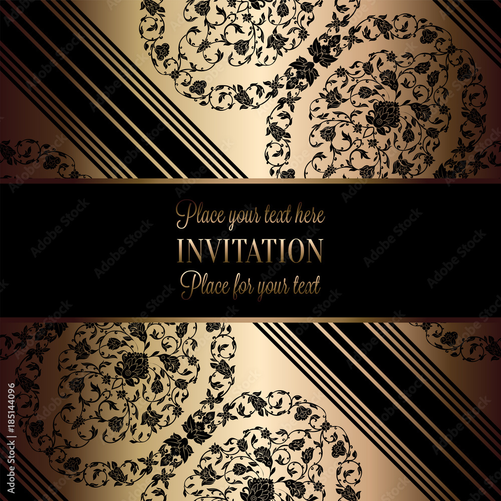 Vintage baroque Wedding Invitation template with butterfly background. Traditional decoration for wedding. Vector illustration in black and gold