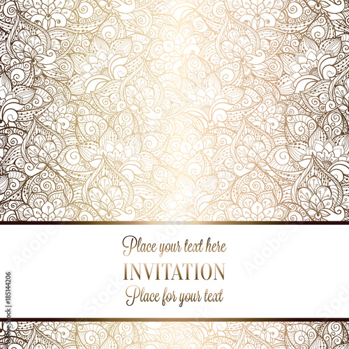 Intricate baroque luxury wedding invitation card, rich gold decor on beige background with frame and place for text, lacy foliage with shiny gradient