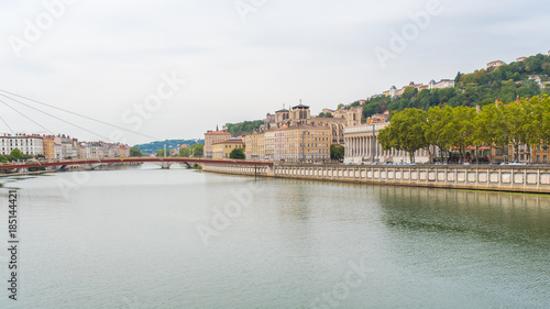 Vieux-Lyon, colorful houses and footbridge in the center, on the river Saone 
