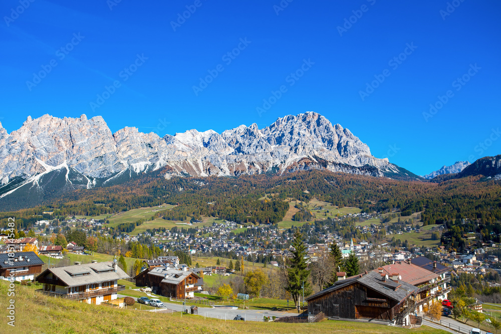 Panoramic view of Cortina d'Ampezzo in autumn time. It is the most charming ski resort in Italy. Cortina is also known as the Pearl of the Dolomites, Italy.