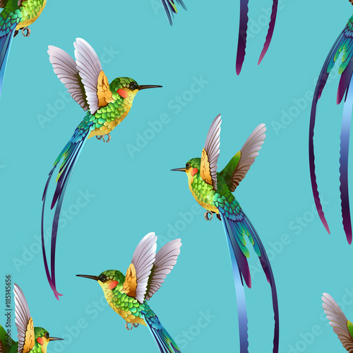 Beautiful seamless tropic exotic jungle pattern background. Hummingbirds on blue background