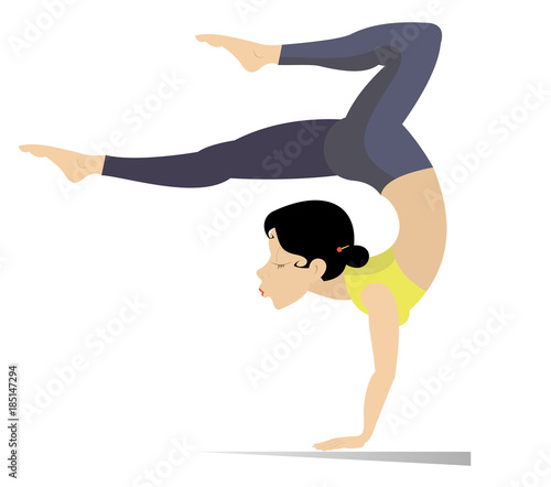 Young woman with lithe figure standing on the hands with legs up and doing sport exercises
