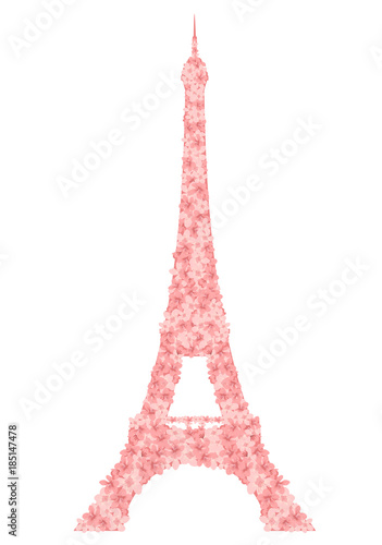 Naklejka Wieża Eiffla wykonane z różowe kwiaty sakura - symbol wektor kwiatowy sylwetka Paryża