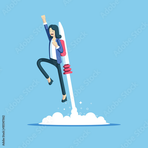 Cheerful businesswoman flying off with jet pack vector flat illustration. Female office worker flying up by rocket and take off the ground. Business concept career boost, start up and growth photo