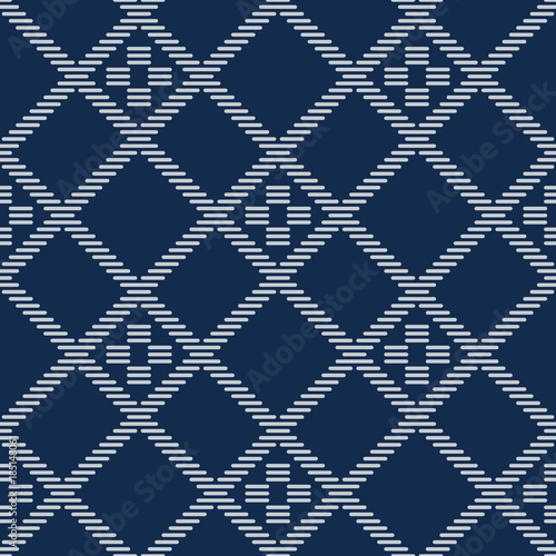 Kogin embroidery. Asian embroidery motif. Abstract seamless pattern. Japanese traditional ornament. Geometric illustration. Ornament for stitching. For decoration, web-page background or handicraft.