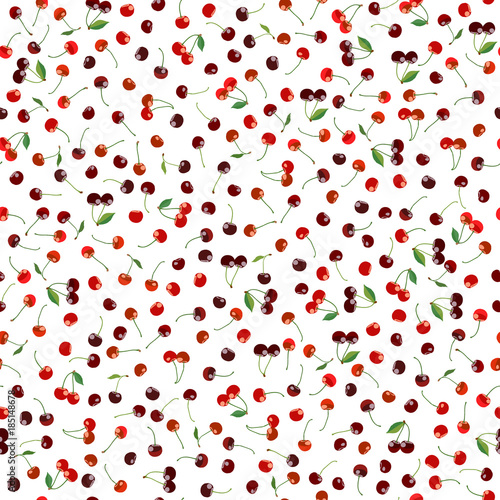 Ripe purple cherries. Seamless pattern. Cherry harvest. Colorful fruit texture. Summer background. Vegetarian dessert. Sweet red berries. For decoration or printing on fabric.