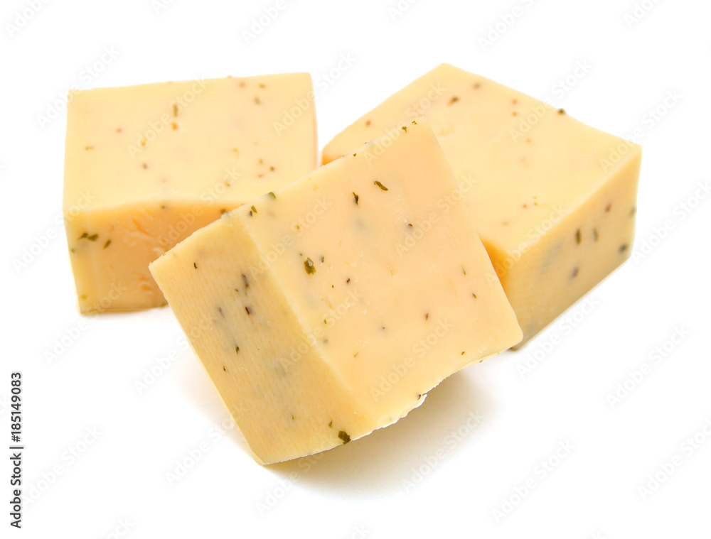 Diced blue cheese - studio shot on white background Diced blue cheese - studio shot on white background