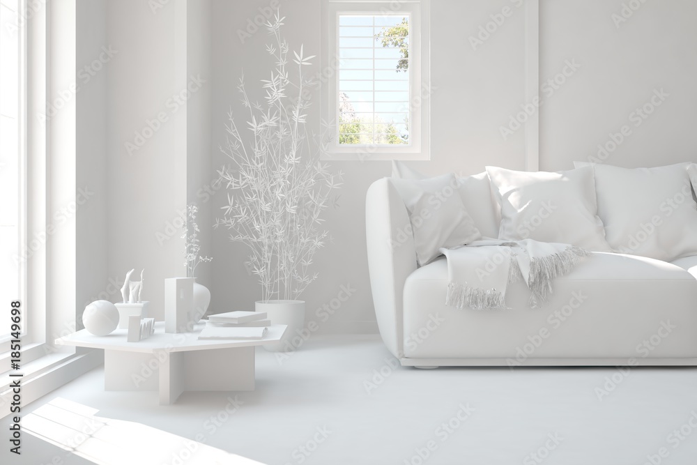 Fototapeta premium Idea of white minimalist room with sofa. Scandinavian interior design. 3D illustration