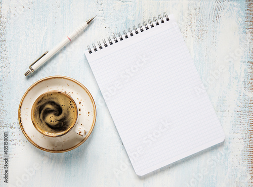 Morning coffee and notepad photo