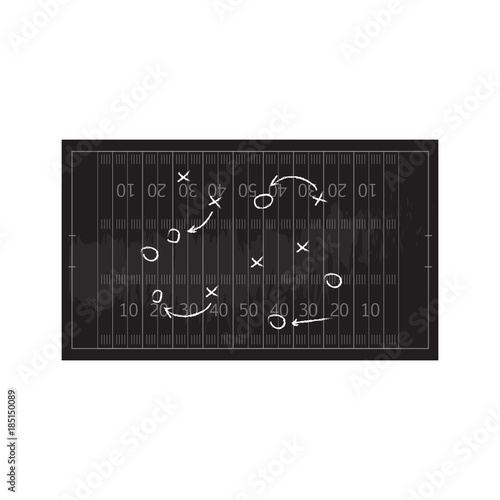 Football or soccer game strategy plan isolated on blackboard with chalk rubbed background. Football or soccer strategy board