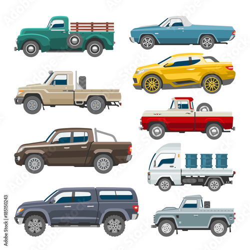 Pickup car vector auto delivery transport pick up offroad automobile vehicle or truck and mockup isolated citycar on white background illustration photo