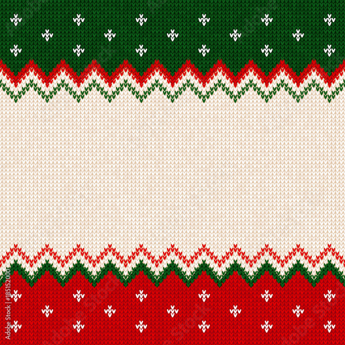 Ugly sweater Merry Christmas and Happy New Year greeting card frame border template. Vector illustration knitted background pattern with scandinavian ornaments. White, red, green colors. Flat style photo
