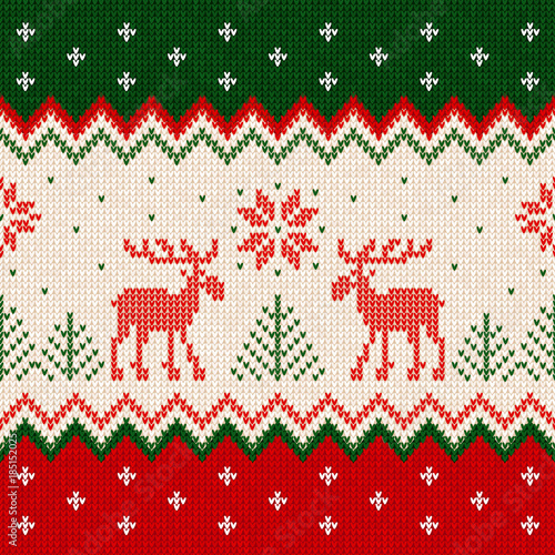 Ugly sweater Merry Christmas and Happy New Year greeting card frame border template. Vector illustration seamless knitted background pattern deers scandinavian ornaments. White, red, green colors.