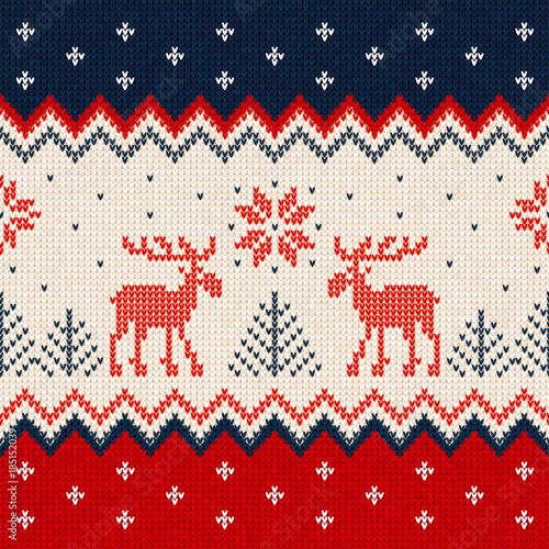 Ugly sweater Merry Christmas and Happy New Year greeting card frame border template. Vector illustration seamless knitted background pattern deers scandinavian ornaments.. White, red, blue colors.