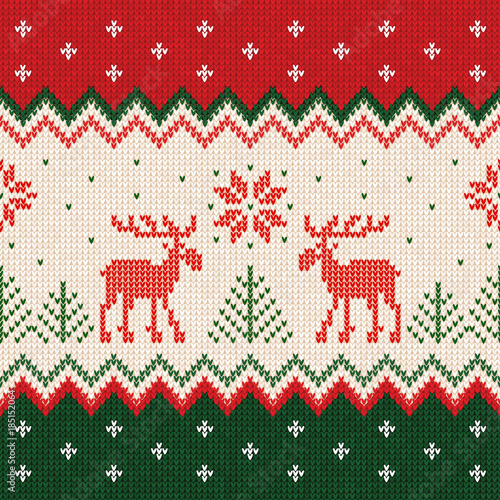 Ugly sweater Merry Christmas and Happy New Year greeting card frame border template. Vector illustration seamless knitted background pattern deers scandinavian ornaments. White, red, green colors.