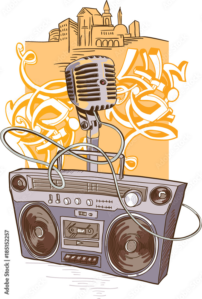 Boom box and microphone on graffiti background Stock Vector | Adobe Stock
