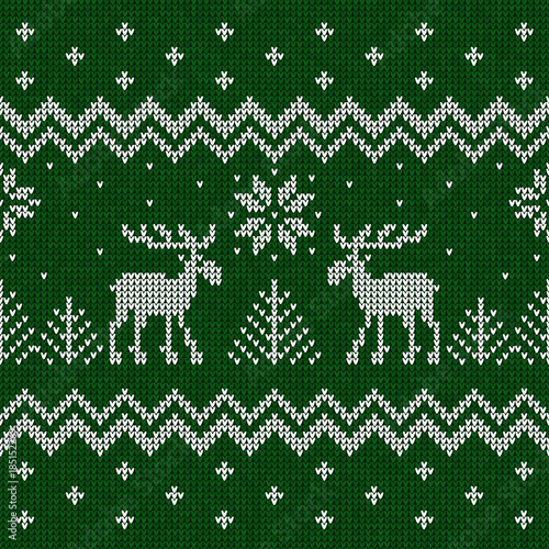 Ugly sweater Merry Christmas and Happy New Year greeting card frame border template. Vector illustration seamless knitted background pattern deers scandinavian ornaments.. White, greencolors.