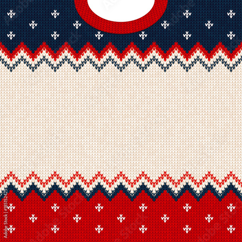 Ugly sweater Merry Christmas and Happy New Year greeting card frame border template. Vector illustration knitted background pattern with scandinavian ornaments. White, red, blue colors. Flat style
