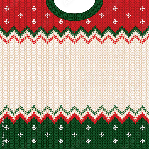 Ugly sweater Merry Christmas and Happy New Year greeting card frame border template. Vector illustration knitted background pattern with scandinavian ornaments. White, red, green colors. Flat style
