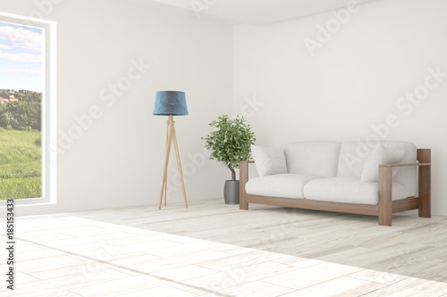 Idea of white room with sofa and summer landscape in window. Scandinavian interior design. 3D illustration