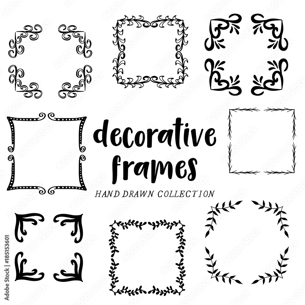 Set of hand drawn square frames, leaves, branches, decorative vectors, ornament. Hand drawn illustration.