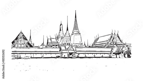 Wat Phra Kaew, the most sacred Buddhist temple in Thailand. Hand drawn sketch in vector illustration.
