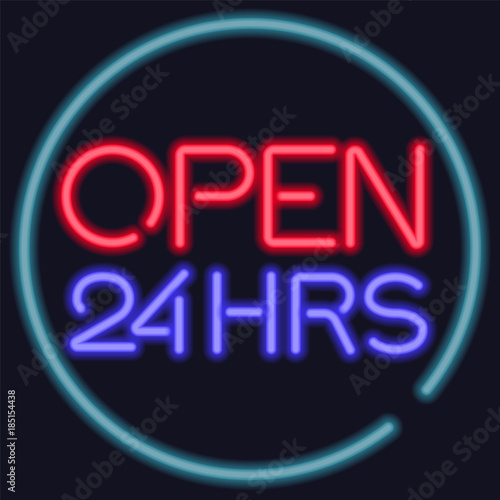 Neon vector open 24 hours  entrance sign.
