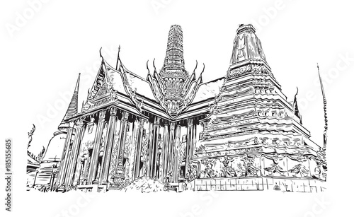 Wat Phra Kaew, holy place and grand palace, Bangkok, Thailand. Hand drawn sketch in vector illustration.