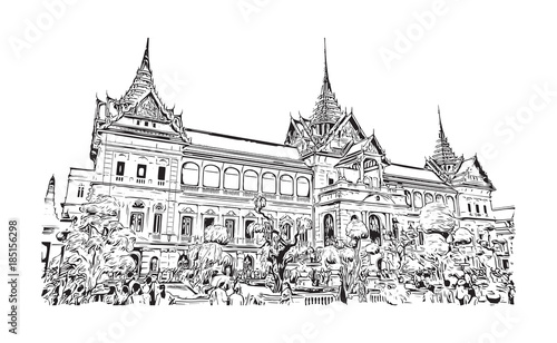 Wat Phra Kaew, holy place and grand palace, Bangkok, Thailand. Hand drawn sketch in vector illustration.